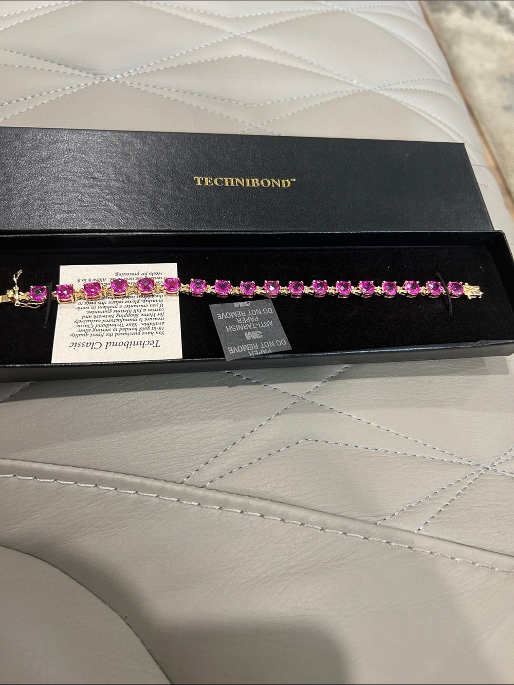 Technibond Gold-Tone Bracelet with Bright Pink Crystals. Size 8